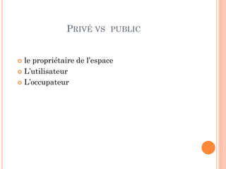 PRIVÉ VS PUBLIC
 le propriétaire de l’espace
 L’utilisateur
 L’occupateur
 