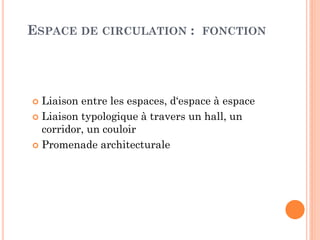 ESPACE DE CIRCULATION : FONCTION
 Liaison entre les espaces, d‘espace à espace
 Liaison typologique à travers un hall, un
corridor, un couloir
 Promenade architecturale
 