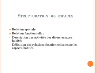 STRUCTURATION DES ESPACES
 Relation spatiale
 Relation fonctionnelle :
• Description des activités des divers espaces
habités
• Définition des relations fonctionnelles entre les
espaces habités
 
