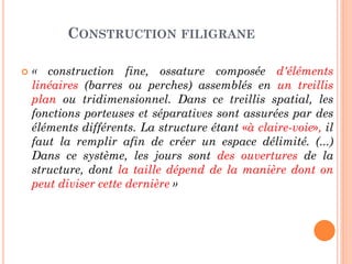 CONSTRUCTION FILIGRANE
 « construction fine, ossature composée d'éléments
linéaires (barres ou perches) assemblés en un treillis
plan ou tridimensionnel. Dans ce treillis spatial, les
fonctions porteuses et séparatives sont assurées par des
éléments différents. La structure étant «à claire-voie», il
faut la remplir afin de créer un espace délimité. (...)
Dans ce système, les jours sont des ouvertures de la
structure, dont la taille dépend de la manière dont on
peut diviser cette dernière »
 