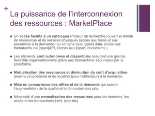 +
La puissance de l’interconnexion
des ressources : MarketPlace
 Un accès facilité à un catalogue (moteur de recherche) ouvert et illimité
de ressources et de services physiques (accès aux biens et aux
personnes à la demande) ou en ligne (aux [open] data, accès aux
traitements via [open]API, l’accès aux [open] documents ).
 Les éléments sont autonomes et disponibles assurant une grande
flexibilité organisationnelle grâce aux transactions sécurisées par la
plateforme.
 Mutualisation des ressources et diminution du coût d’acquisition
(pour le propriétaire) et de location (pour l’utilisateur) à la demande.
 Mise en concurrence des offres et de la demande qui assure
l’augmentation de la qualité et la diminution des prix.
 Nécessité d’une normalisation des ressources pour les données, les
accès et les transactions (xml, json etc).
 