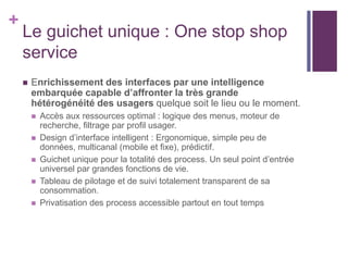 +
Le guichet unique : One stop shop
service
 Enrichissement des interfaces par une intelligence
embarquée capable d’affronter la très grande
hétérogénéité des usagers quelque soit le lieu ou le moment.
 Accès aux ressources optimal : logique des menus, moteur de
recherche, filtrage par profil usager.
 Design d’interface intelligent : Ergonomique, simple peu de
données, multicanal (mobile et fixe), prédictif.
 Guichet unique pour la totalité des process. Un seul point d’entrée
universel par grandes fonctions de vie.
 Tableau de pilotage et de suivi totalement transparent de sa
consommation.
 Privatisation des process accessible partout en tout temps
 