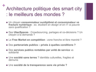 +
Architecture politique des smart city
: le meilleurs des mondes ?
 Un citoyen consommateur surdiplômé et consommateur vs
fracture numérique : ex. étudiant en design et en IT vs pauvre
sans qualification ?
 Des UberSpaces : Crowdsourcing, partages et co-décisions ? Un
citoyen à la demande ?
 Le Free Market en compétition : zone franche et libre marché ?
 Des partenariats publics – privés à quelles conditions ?
 Des services publics rentables par unité de service vs
solidarité
 Une société sans terres ? identités culturelles, fragiles et
démunis
 Une société de la transparence sans vie privée ?
 