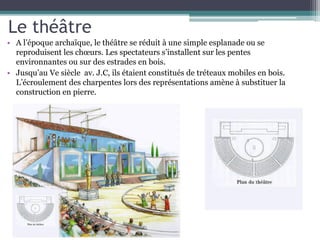 Le théâtre
• A l’époque archaïque, le théâtre se réduit à une simple esplanade ou se
reproduisent les chœurs. Les spectateurs s’installent sur les pentes
environnantes ou sur des estrades en bois.
• Jusqu’au Ve siècle av. J.C, ils étaient constitués de tréteaux mobiles en bois.
L’écroulement des charpentes lors des représentations amène à substituer la
construction en pierre.
 