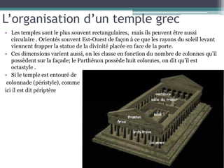 L’organisation d’un temple grec
• Les temples sont le plus souvent rectangulaires, mais ils peuvent être aussi
circulaire . Orientés souvent Est-Ouest de façon à ce que les rayons du soleil levant
viennent frapper la statue de la divinité placée en face de la porte.
• Ces dimensions varient aussi, on les classe en fonction du nombre de colonnes qu’il
possèdent sur la façade; le Parthénon possède huit colonnes, on dit qu’il est
octastyle .
• Si le temple est entouré de
colonnade (péristyle), comme
ici il est dit périptère
 