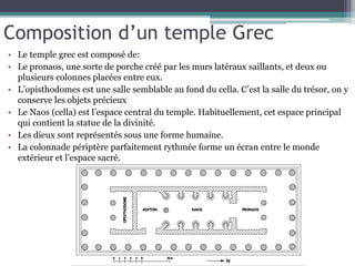 Composition d’un temple Grec
• Le temple grec est composé de:
• Le pronaos, une sorte de porche créé par les murs latéraux saillants, et deux ou
plusieurs colonnes placées entre eux.
• L’opisthodomes est une salle semblable au fond du cella. C’est la salle du trésor, on y
conserve les objets précieux
• Le Naos (cella) est l’espace central du temple. Habituellement, cet espace principal
qui contient la statue de la divinité.
• Les dieux sont représentés sous une forme humaine.
• La colonnade périptère parfaitement rythmée forme un écran entre le monde
extérieur et l’espace sacré.
 