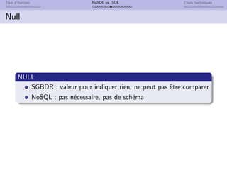 Tour d’horizon NoSQL vs. SQL Choix techniques
Null
NULL
SGBDR : valeur pour indiquer rien, ne peut pas être comparer
NoSQL : pas nécessaire, pas de schéma
 
