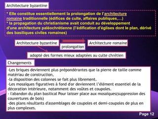 Powerpoint Templates
Page 12
* Elle constitue essentiellement la prolongation de l’architecture
romaine traditionnelle (édifices de culte, affaires publiques,…)
* la propagation du christianisme avait conduit au développement
d'une architecture paléochrétienne (l’édification d’églises dont le plan, dérivé
des basiliques civiles romaines)
Architecture byzantine Architecture romaine
adopté des formes mieux adaptées au culte chrétien
Architecture byzantine
-Les briques deviennent plus prépondérantes que la pierre de taille comme
matériau de construction,
-la disposition des colonnes se fait plus librement.
-Les mosaïques figuratives à fond d'or deviennent l’élément essentiel de la
décoration intérieure, notamment des voûtes et coupoles.
- l'abandon du plan basilical Pour laisser place aux mosaïques(suppression des
couvertures de bois)
-des plans résultants d'assemblages de coupoles et demi-coupoles de plus en
plus complexes.
Changements
prolongation
 
