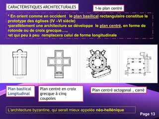 Powerpoint Templates
Page 13
* En orient comme en occident le plan basilical rectangulaire constitue le
prototype des églises (IV –VI siècle)
•parallèlement une architecture se développe le plan centré, en forme de
rotonde ou de croix grecque….,
•et qui peu à peu remplacera celui de forme longitudinale
Plan basilical
Longitudinal
Plan centré en croix
grecque à cinq
coupoles
Plan centré octogonal , carré
CARACTÉRISTIQUES ARCHITECTURALES 1-le plan centré
L’architecture byzantine, qui serait mieux appelée néo-hellénique
 