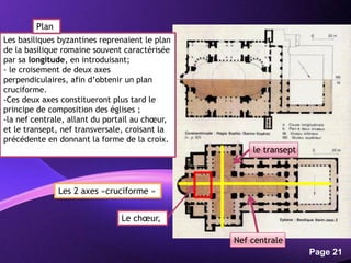 Powerpoint Templates
Page 21
Les basiliques byzantines reprenaient le plan
de la basilique romaine souvent caractérisée
par sa longitude, en introduisant;
- le croisement de deux axes
perpendiculaires, afin d’obtenir un plan
cruciforme.
-Ces deux axes constitueront plus tard le
principe de composition des églises ;
-la nef centrale, allant du portail au chœur,
et le transept, nef transversale, croisant la
précédente en donnant la forme de la croix.
Les 2 axes «cruciforme »
Le chœur,
Nef centrale
le transept
Plan
 