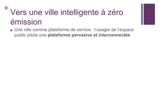 +
Vers une ville intelligente à zéro
émission
■ Une ville comme plateforme de service : l’usager de l’espace
public pilote une plateforme pervasive et interconnectée
 
