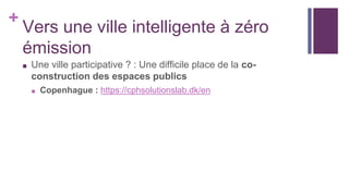 +
Vers une ville intelligente à zéro
émission
■ Une ville participative ? : Une difficile place de la co-
construction des espaces publics
■ Copenhague : https://cphsolutionslab.dk/en
 