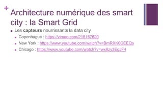 +
Architecture numérique des smart
city : la Smart Grid
■ Les capteurs nourrissants la data city
■ Copenhague : https://vimeo.com/218157620
■ New York : https://www.youtube.com/watch?v=BmRXK0CEEQs
■ Chicago : https://www.youtube.com/watch?v=wx8zy3EgJF4
 