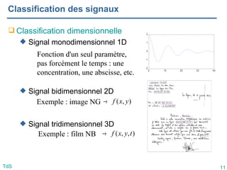 11
TdS
Classification des signaux
 Classification dimensionnelle
 Signal monodimensionnel 1D
 Signal bidimensionnel 2D
 Signal tridimensionnel 3D
Fonction d'un seul paramètre,
pas forcément le temps : une
concentration, une abscisse, etc. 0 10 20 30 4 0
-2
-1
0
1
2
Exemple : image NG )
,
( y
x
f
→
Exemple : film NB )
,
,
( t
y
x
f
→
 