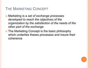 The Marketing ConceptMarketing is a set of exchange processes developed to reach the objectives of the organization by the satisfaction of the needs of the other part of the exchangeThe Marketing Concept is the basic philosophy which underlies theses processes and insure their coherence 2