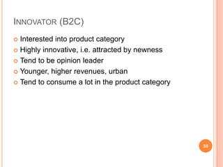 Innovator (B2C)InterestedintoproductcategoryHighlyinnovative, i.e. attracted by newnessTend to be opinion leaderYounger, higher revenues, urbanTend to consume a lot in the productcategory35