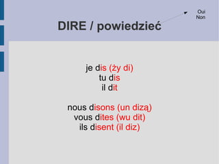 PARLER/ Mówić je parle (ży parl) tu parles (tu parl) il parle (il parl) nous parlons (nuu parlą) vous parlez (wu parle) ils parlent (il parl) Français  (frąse) Anglais (ągle) Allemand  (alemą) Russe  (rus) Polonais  (polone) Chinois  (szinła) 