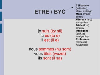 HABITER / mieszkać J'habit e (żabit) tu habit es (tu abit) il/elle habit e (il abit) nous habit ons (un zabitą) vous habit ez (wu zabite) ils/elles habit ent (ilzabit) En France  (ą Frąs) En Pologne  (ą  Poloń) Au Brésil  (o Brezil) Aux Etats-Unis  (o zetazuni) À Paris  (a Pari) À Varsovie  EN (ą) do państw rodzaju żeńskiego. np. LA Pologne, LA Belgique (belżik) AU (o) (=A + LE) do państw rodzaju męskiego np. LE Portugal, LE Mexique A- przed miastami 