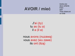 AIMER/ lubić J'aim e (żem) tu aim es (tu em) il/elle aim e (il em) nous aim ons (nuzemą) vous aim ez (wuzeme) ils/elles aim ent (ilzem) Voyager Chanter Bricoler Lire Manger 