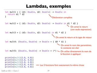 Swift sur iOS — Cours 1
Lambdas, exemples
29
let mult1 = { (d1: Double, d2: Double) -> Double in
return d1 * d2
}
let mult2 = { (d1: Double, d2: Double) -> Double in d1 * d2 }
let mult3 = { (d1: Double, d2: Double) in d1 * d2 }
let mult4: (Double, Double) -> Double = { $0 * $1 }
let mult5: (Double, Double) -> Double = (*)
println(mult1(3.0, 4.0))
println(mult2(3.0, 4.0))
println(mult3(3.0, 4.0))
println(mult4(3.0, 4.0))
println(mult5(3.0, 4.0))
Déclaration complète
On omet le return
(une seule expression)
On omet le return et le type de retour
On omet le nom des paramètres,
le contexte est clair
Les 5 fonctions font exactement la même chose
On utilise directement le nom de
la fonction à appliquer
 