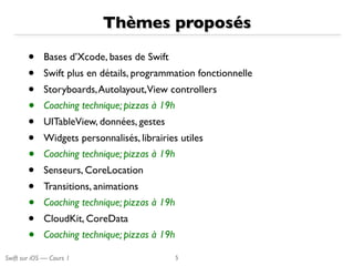 Swift sur iOS — Cours 1
Thèmes proposés
• Bases d’Xcode, bases de Swift
• Swift plus en détails, programmation fonctionnelle
• Storyboards,Autolayout,View controllers
• Coaching technique; pizzas à 19h
• UITableView, données, gestes
• Widgets personnalisés, librairies utiles
• Coaching technique; pizzas à 19h
• Senseurs, CoreLocation
• Transitions, animations
• Coaching technique; pizzas à 19h
• CloudKit, CoreData
• Coaching technique; pizzas à 19h
5
 