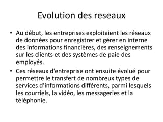 Evolution des reseaux
• Au début, les entreprises exploitaient les réseaux
de données pour enregistrer et gérer en interne
des informations financières, des renseignements
sur les clients et des systèmes de paie des
employés.
• Ces réseaux d’entreprise ont ensuite évolué pour
permettre le transfert de nombreux types de
services d’informations différents, parmi lesquels
les courriels, la vidéo, les messageries et la
téléphonie.
 