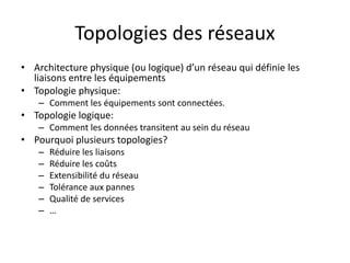 Topologies des réseaux
• Architecture physique (ou logique) d’un réseau qui définie les
liaisons entre les équipements
• Topologie physique:
– Comment les équipements sont connectées.
• Topologie logique:
– Comment les données transitent au sein du réseau
• Pourquoi plusieurs topologies?
– Réduire les liaisons
– Réduire les coûts
– Extensibilité du réseau
– Tolérance aux pannes
– Qualité de services
– …
 