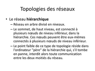 Topologies des réseaux
• Le réseau hiérarchique
– Réseau en arbre divisé en niveaux.
– Le sommet, de haut niveau, est connecté à
plusieurs nœuds de niveau inférieur, dans la
hiérarchie. Ces nœuds peuvent être eux-mêmes
connectés à plusieurs nœuds de niveau inférieur.
– Le point faible de ce type de topologie réside dans
l'ordinateur "père" de la hiérarchie qui, s'il tombe
en panne, interdit alors toute communication
entre les deux moitiés du réseau.
 