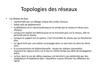 Topologies des réseaux
• Le réseau en bus
– représentée par un câblage unique des unités réseaux.
– faible coût de déploiement
– la défaillance d'un nœud (ordinateur) ne scinde pas le réseau en deux sous-
réseaux.
– Lorsqu'une station est défectueuse et ne transmet plus sur le réseau, elle ne
perturbe pas le réseau.
– Lorsque le support est en panne, c'est l'ensemble du réseau qui ne fonctionne
plus.
– Le signal émis par une station se propage dans un seul sens ou dans les deux
sens.
– Si la transmission est bidirectionnelle : toutes les stations connectées
reçoivent les signaux émis sur le bus en même temps (au délai de propagation
près).
– Le bus, dans le cas de câbles coaxiaux, est terminé à ses extrémités par des
adaptateurs d'impédance (des « bouchons ») pour éliminer les réflexions du
signal.
 