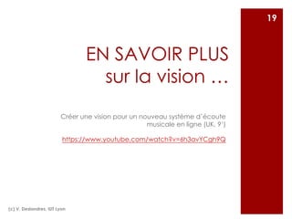 EN SAVOIR PLUS
sur la vision …
Créer une vision pour un nouveau système d’écoute
musicale en ligne (UK, 9’)
https://www.youtube.com/watch?v=6h3avYCgh9Q
(c) V. Deslandres, IUT Lyon
19
 