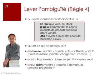 Lever l’ambiguïté (Règle 4)
¡ Ex., un Responsable du Stock écrit la US :
¡ Qu’est-ce qui est ambigu ici ?
¡ « la bonne quantité » : quelle valeur ? Quelle unité ?
(produit unitaire, palette, chargement camion,…)
¡ « coûts trop élevés » : idem, subjectif --> valeur seuil
¡ « nous allons vendre » : quand ? demain, la
semaine prochaine ?
32
En tant que Resp. du Stock,
je peux commander la bonne
quantité de produits que nous
allons vendre
Afin d’éviter d’avoir des coûts de
stock trop élevés
(c) V. Deslandres, IUT Lyon
 