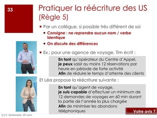 Pratiquer la réécriture des US
(Règle 5)
¡ Par un collègue, si possible très différent de soi
¡ Consigne : ne reprendre aucun nom / verbe
identique
¡ On discute des différences
¡ Ex.: pour une agence de voyage, Tim écrit :
Et Léa propose la réécriture suivante :
33
En tant qu’opérateur du Centre d’Appel,
je peux saisir au moins 12 réservations par
heure en période de forte activité
Afin de réduire le temps d’attente des clients
En tant qu’agent de voyage,
je suis capable d’effectuer un minimum de
12 demandes de voyages en 60 min durant
la partie de l’année la plus chargée
Afin de minimiser les abandons
téléphoniques Votre avis ?
(c) V. Deslandres, IUT Lyon
 