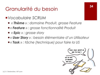 Granularité du besoin
(c) V. Deslandres, IUT Lyon
34
¡Vocabulaire SCRUM
¡ « Thème » : domaine Produit, grosse Feature
¡ « Feature » : grosse fonctionnalité Produit
¡ « Epic » : grosse story
¡ « User Story » : besoin élémentaire d’un Utilisateur
¡ « Task » : tâche (technique) pour faire la US
 