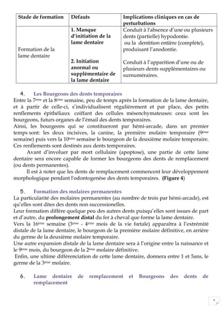 9
Stade de formation Défauts Implications cliniques en cas de
perturbations
Formation de la
lame dentaire
1. Manque
d’initiation de la
lame dentaire
2. Initiation
anormal ou
supplémentaire de
la lame dentaire
Conduit à l'absence d’une ou plusieurs
dents (partielle) hypodontie.
ou la dentition entière (complète),
produisant l’anodontie.
Conduit à l’apparition d’une ou de
plusieurs dents supplémentaires ou
surnuméraires.
4. Les Bourgeons des dents temporaires
Entre la 7ème et la 8ème semaine, peu de temps après la formation de la lame dentaire,
et à partir de celle-ci, s’individualisent régulièrement et par place, des petits
renflements épithéliaux coiffant des cellules mésenchymateuses: ceux sont les
bourgeons, futurs organes de l’émail des dents temporaires.
Ainsi, les bourgeons qui se constitueront par hémi-arcade, dans un premier
temps sont: les deux incisives, la canine, la première molaire temporaire (9ème
semaine) puis vers la 10ème semaine le bourgeon de la deuxième molaire temporaire.
Ces renflements sont destinés aux dents temporaires.
Avant d’involuer par mort cellulaire (apoptose), une partie de cette lame
dentaire sera encore capable de former les bourgeons des dents de remplacement
(ou dents permanentes).
Il est à noter que les dents de remplacement commencent leur développement
morphologique pendant l'odontogenèse des dents temporaires. (Figure 4)
5. Formation des molaires permanentes
La particularité des molaires permanentes (au nombre de trois par hémi-arcade), est
qu’elles sont dites des dents non successionelles.
Leur formation diffère quelque peu des autres dents puisqu’elles sont issues de part
et d’autre, du prolongement distal du fer à cheval que forme la lame dentaire.
Vers la 16ème semaine (3ème - 4ème mois de la vie fœtale) apparaîtra à l’extrémité
distale de la lame dentaire, le bourgeon de la première molaire définitive, en arrière
du germe de la deuxième molaire temporaire.
Une autre expansion distale de la lame dentaire sera à l’origine entre la naissance et
le 9ème mois, du bourgeon de la 2ème molaire définitive.
Enfin, une ultime différenciation de cette lame dentaire, donnera entre 1 et 5ans, le
germe de la 3ème molaire.
6. Lame dentaire de remplacement et Bourgeons des dents de
remplacement
 