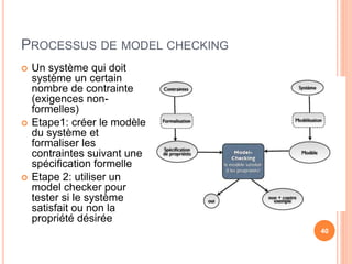 PROCESSUS DE MODEL CHECKING
 Un système qui doit
système un certain
nombre de contrainte
(exigences non-
formelles)
 Etape1: créer le modèle
du système et
formaliser les
contraintes suivant une
spécification formelle
 Etape 2: utiliser un
model checker pour
tester si le système
satisfait ou non la
propriété désirée
40
 