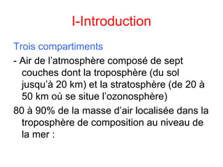 I-Introduction
Trois compartiments
- Air de l’atmosphère composé de sept
couches dont la troposphère (du sol
jusqu’à 20 km) et la stratosphère (de 20 à
50 km où se situe l’ozonosphère)
80 à 90% de la masse d’air localisée dans la
troposphère de composition au niveau de
la mer :
 