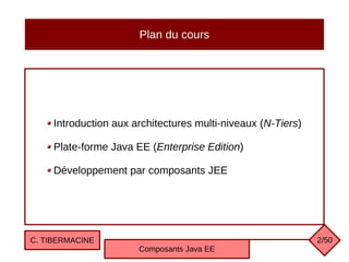 Plan du cours
Introduction aux architectures multi-niveaux (N-Tiers)
Plate-forme Java EE (Enterprise Edition)
Développement par composants JEE
C. TIBERMACINE
Composants Java EE
2/50
 
