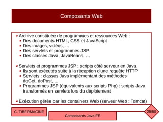 Composants Web
Archive constituée de programmes et ressources Web :
Des documents HTML, CSS et JavaScript
Des images, vidéos, …
Des servlets et programmes JSP
Des classes Java, JavaBeans, …
Servlets et programmes JSP : scripts côté serveur en Java
Ils sont exécutés suite à la réception d'une requête HTTP
Servlets : classes Java implémentant des méthodes
doGet, doPost, ...
Programmes JSP (équivalents aux scripts Php) : scripts Java
transformés en servlets lors du déploiement
Exécution gérée par les containers Web (serveur Web : Tomcat)
C. TIBERMACINE
Composants Java EE
25/50
 