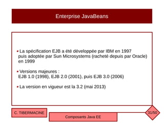 Enterprise JavaBeans
La spécification EJB a été développée par IBM en 1997
puis adoptée par Sun Microsystems (racheté depuis par Oracle)
en 1999
Versions majeures :
EJB 1.0 (1998), EJB 2.0 (2001), puis EJB 3.0 (2006)
La version en vigueur est la 3.2 (mai 2013)
C. TIBERMACINE
Composants Java EE
31/50
 