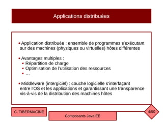 Applications distribuées
Application distribuée : ensemble de programmes s'exécutant
sur des machines (physiques ou virtuelles) hôtes différentes
Avantages multiples :
Répartition de charge
Optimisation de l'utilisation des ressources
…
Middleware (intergiciel) : couche logicielle s'interfaçant
entre l'OS et les applications et garantissant une transparence
vis-à-vis de la distribution des machines hôtes
C. TIBERMACINE
Composants Java EE
4/50
 