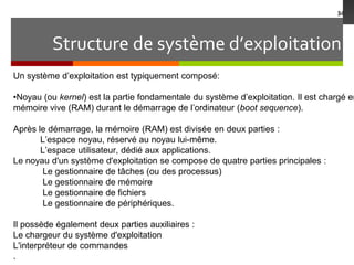 Structure de système d’exploitation
34
Un système d’exploitation est typiquement composé:
•Noyau (ou kernel) est la partie fondamentale du système d’exploitation. Il est chargé en
mémoire vive (RAM) durant le démarrage de l’ordinateur (boot sequence).
Après le démarrage, la mémoire (RAM) est divisée en deux parties :
L’espace noyau, réservé au noyau lui-même.
L’espace utilisateur, dédié aux applications.
Le noyau d'un système d'exploitation se compose de quatre parties principales :
Le gestionnaire de tâches (ou des processus)
Le gestionnaire de mémoire
Le gestionnaire de fichiers
Le gestionnaire de périphériques.
Il possède également deux parties auxiliaires :
Le chargeur du système d'exploitation
L'interpréteur de commandes
.
 