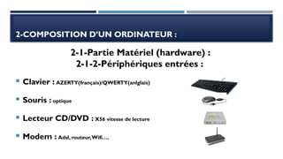 2-COMPOSITION D’UN ORDINATEUR :
 Clavier : AZERTY(français)/QWERTY(anlglais)
 Souris : optique
 Lecteur CD/DVD : X56 vitesse de lecture
 Modem : Adsl, routeur,Wifi….
2-1-Partie Matériel (hardware) :
2-1-2-Périphériques entrées :
 
