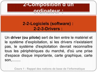 2-2-Logiciels (software) :
2-2-3-Drivers :
Un driver (ou pilote) sert de lien entre le matériel et
le système d’exploitation, si les drivers n'existaient
pas, le système d'exploitation devrait reconnaître
tous les périphériques du marché, d'où une prise
d'espace disque importante, carte graphique, carte
son,…….
Cours 1 : Rappel des notions de base de l’informatique

 