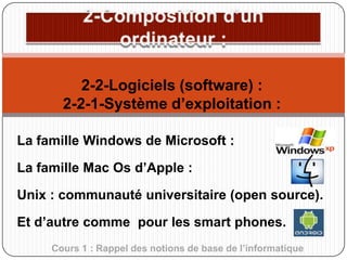 2-2-Logiciels (software) :
2-2-1-Système d’exploitation :
La famille Windows de Microsoft :
La famille Mac Os d’Apple :

Unix : communauté universitaire (open source).
Et d’autre comme pour les smart phones.
Cours 1 : Rappel des notions de base de l’informatique

 