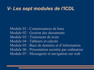 V- Les sept modules de l'ICDL
Module 01 : Connaissances de base
Module 02 : Gestion des documents
Module 03 : Traitement de texte
Module 04 : Tableurs et calculs
Module 05 : Base de données et d’information
Module 06 : Présentation assistée par ordinateur
Module 07 : Messagerie et navigation sur web
 