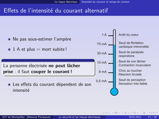 Le risque électrique    Intensité du courant et temps de contact


 Eﬀets de l’intensité du courant alternatif


                                                                                     1A        Arrêt du coeur
        Ne pas sous-estimer l’ampère
                                                                              75 mA            Seuil de fibrilation
                                                                                               cardiaque irréversible
        1 A et plus = mort subite !
                                                                              30 mA            Seuil de paralysie
                                                                                               respiratoire

                                                                              10 mA            Seuil de non lâcher
La personne électrisée ne peut lâcher                                                          Contraction musculaire

prise : il faut couper le courant !                                             8 mA           Choc au toucher
                                                                                               Réaction brutale

                                                                              0,5 mA           Seuil de perception
        Les eﬀets du courant dépendent de son                                                  Sensation très faible

        intensité




IUT de Montpellier (Mesures Physiques)      La sécurité et les risques électriques                      2010–2011      13 / 38
 