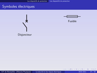 Les dispositifs de protection    Les dispositifs de protection


 Symboles électriques


                                                                                            Fusible



                     Disjoncteur




IUT de Montpellier (Mesures Physiques)       La sécurité et les risques électriques                   2010–2011   37 / 38
 