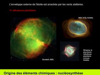 L'enveloppe externe de l'étoile est arrachée par les vents stellaires. 
 nébuleuse planétaire. 
Dumbell, ESO. 
NGC 3132, Hubble. 
Stingray, la 
plus jeune 
nébuleuse 
planétaire 
connue, 
Hubble. 
Origine des éléments chimiques : nucléosynthèse 
 