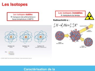 Les isotopes instables 
Les Isotopes 
 marqueurs du temps. Les isotopes stables 
 marqueurs des phénomènes à 
basse température (<300°C) 
 
Radioactivité a : 
AX2 
Z 
A 4X' 
4 HeZ 2 
Caractérisation de la 
 