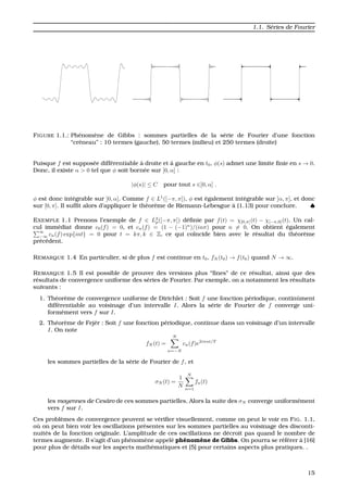 1.1. S´eries de Fourier
FIGURE 1.1.: Ph´enom`ene de Gibbs : sommes partielles de la s´erie de Fourier d’une fonction
“cr´eneau” : 10 termes (gauche), 50 termes (milieu) et 250 termes (droite)
Puisque f est suppos´ee diff´erentiable `a droite et `a gauche en t0, φ(s) admet une limite ﬁnie en s → 0.
Donc, il existe α > 0 tel que φ soit born´ee sur ]0, α] :
|φ(s)| ≤ C pour tout s ∈]0, α] .
φ est donc int´egrable sur ]0, α]. Comme f ∈ L1
([−π, π]), φ est ´egalement int´egrable sur ]α, π], et donc
sur [0, π]. Il sufﬁt alors d’appliquer le th´eor`eme de Riemann-Lebesgue `a (1.13) pour conclure. ♠
EXEMPLE 1.1 Prenons l’exemple de f ∈ L2
p([−π, π]) d´eﬁnie par f(t) = χ[0,π](t) − χ[−π,0](t). Un cal-
cul imm´ediat donne c0(f) = 0, et cn(f) = (1 − (−1)n
)/(inπ) pour n = 0. On obtient ´egalement
∞
−∞ cn(f) exp{int} = 0 pour t = kπ, k ∈ Z, ce qui co¨ıncide bien avec le r´esultat du th´eor`eme
pr´ec´edent.
REMARQUE 1.4 En particulier, si de plus f est continue en t0, fN (t0) → f(t0) quand N → ∞.
REMARQUE 1.5 Il est possible de prouver des versions plus “ﬁnes” de ce r´esultat, ainsi que des
r´esultats de convergence uniforme des s´eries de Fourier. Par exemple, on a notamment les r´esultats
suivants :
1. Th´eor`eme de convergence uniforme de Dirichlet : Soit f une fonction p´eriodique, continˆument
diff´erentiable au voisinage d’un intervalle I. Alors la s´erie de Fourier de f converge uni-
form´ement vers f sur I.
2. Th´eor`eme de Fej`er : Soit f une fonction p´eriodique, continue dans un voisinage d’un intervalle
I. On note
fN (t) =
N
n=−N
cn(f)e2iπnt/T
les sommes partielles de la s´erie de Fourier de f, et
σN (t) =
1
N
N
n=1
fn(t)
les moyennes de Ces`aro de ces sommes partielles. Alors la suite des σN converge uniform´ement
vers f sur I.
Ces probl`emes de convergence peuvent se v´eriﬁer visuellement, comme on peut le voir en FIG. 1.1,
o `u on peut bien voir les oscillations pr´esentes sur les sommes partielles au voisinage des disconti-
nuit´es de la fonction originale. L’amplitude de ces oscillations ne d´ecroˆıt pas quand le nombre de
termes augmente. Il s’agit d’un ph´enom`ene appel´e ph´enom`ene de Gibbs. On pourra se r´ef´erer `a [16]
pour plus de d´etails sur les aspects math´ematiques et [5] pour certains aspects plus pratiques. .
15
 
